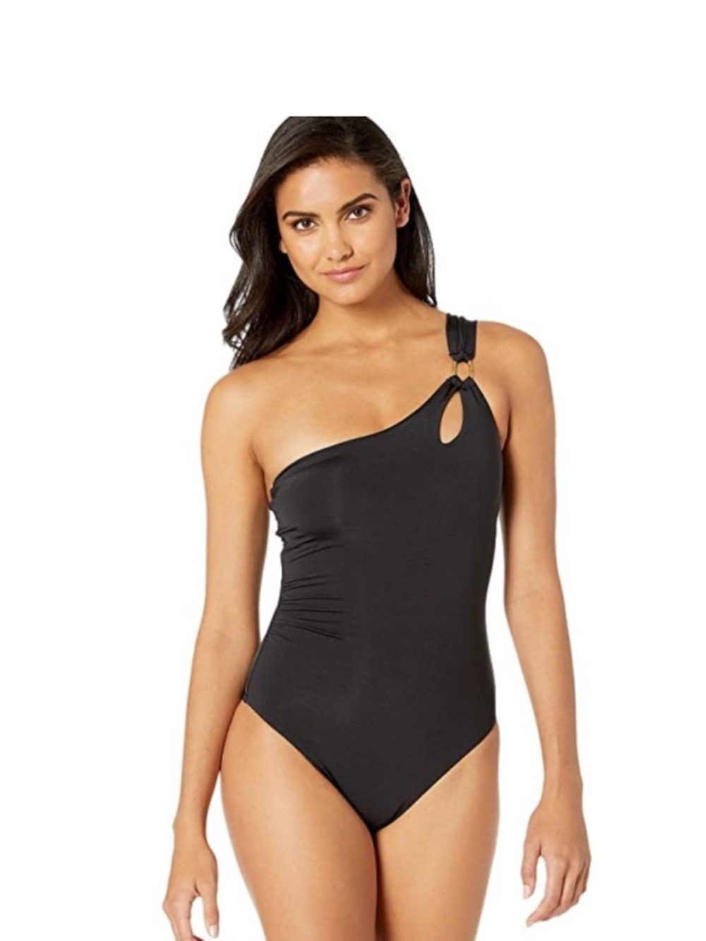 Trina Turk Getaway  Black One-Shoulder Ring-Detail One-Piece Swimsuit